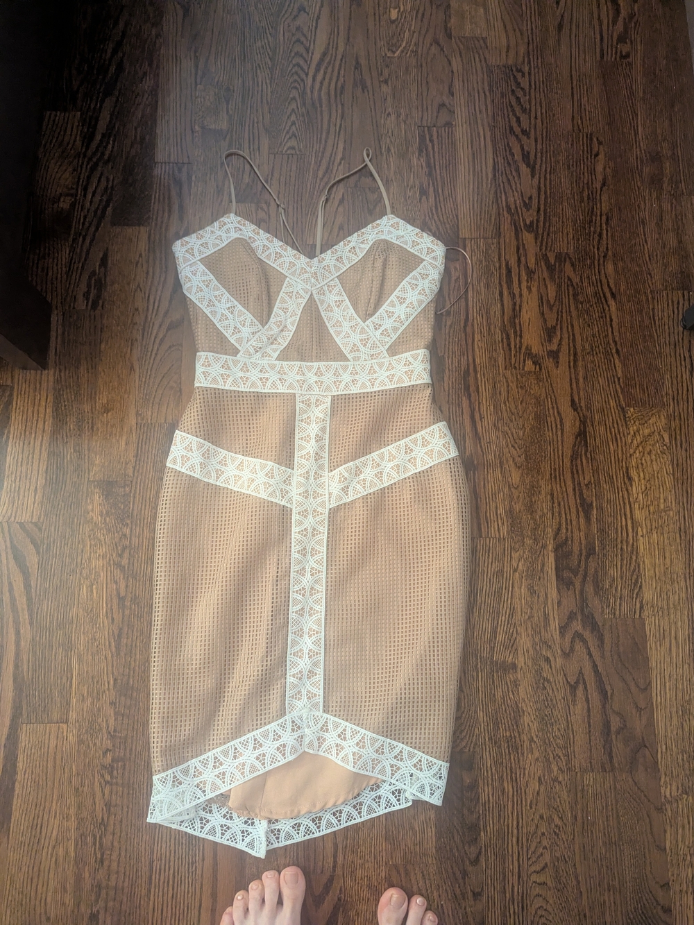 Adelyn Rae Beige Dress with White Lace Trim